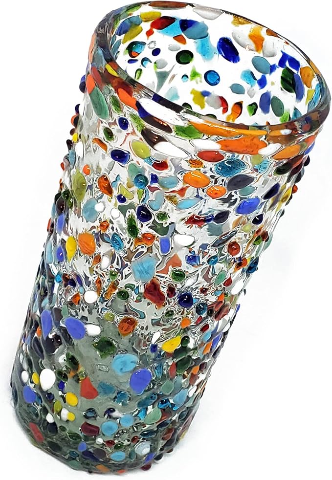 Confetti Rocks 20 oz Tall Iced Tea Glasses (set of 6) Mexican Handmade Multicolor Glassware, Recycled Glass, Lead-free, Toxin-Free (Tall Iced Tea)
