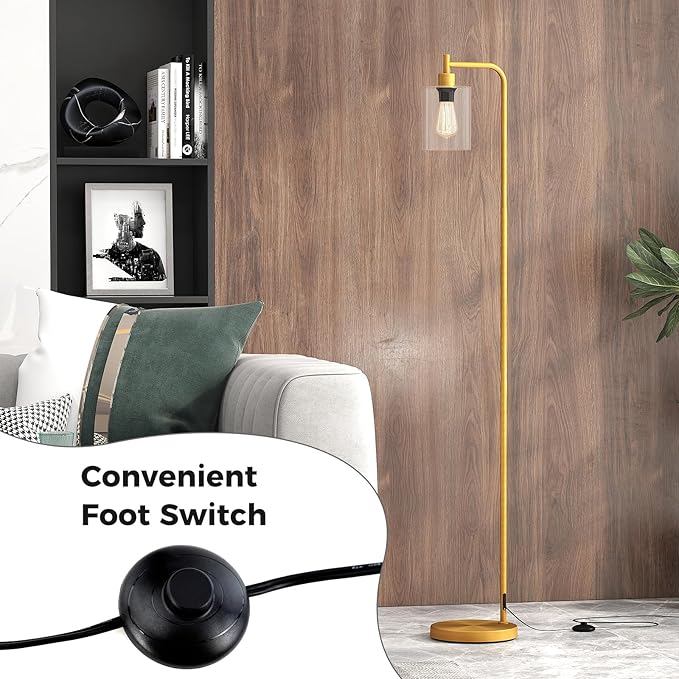 Tangkula Industrial Floor Lamp, Modern Standing Lamp with Hanging Glass Lampshade & Foot Switch, Tall Pole Light with E26 Standard Base for Living Room, Bedroom & Office (Gold, 1-Light)
