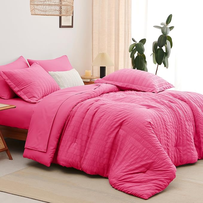 CozyLux King Size Comforter Set Hot Pink, 7 Pieces Seersucker Textured Luxury Bed in a Bag, All Seasons Soft Bedding Sets with Down Alternative Comforter, Sheets, Pillowcases & Shams, Home Gift