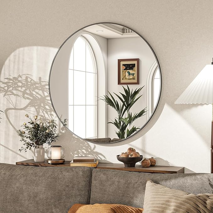 Round Mirror Wall Mounted Mirror - 28" Circle Mirror Bathroom Vanity Mirror with Aluminum Frame for Bedroom Living Room, Entryway Decor Black