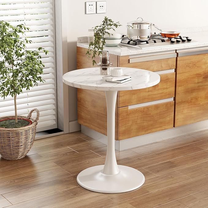 White Marble Round Dining Table 24" Circle Tulip Table with Thickened Tabletop & Sturdy Metal Pedestal Mid Century Modern Leisure Bistro Kitchen Tables 2 People Small Places Living Room Cafe