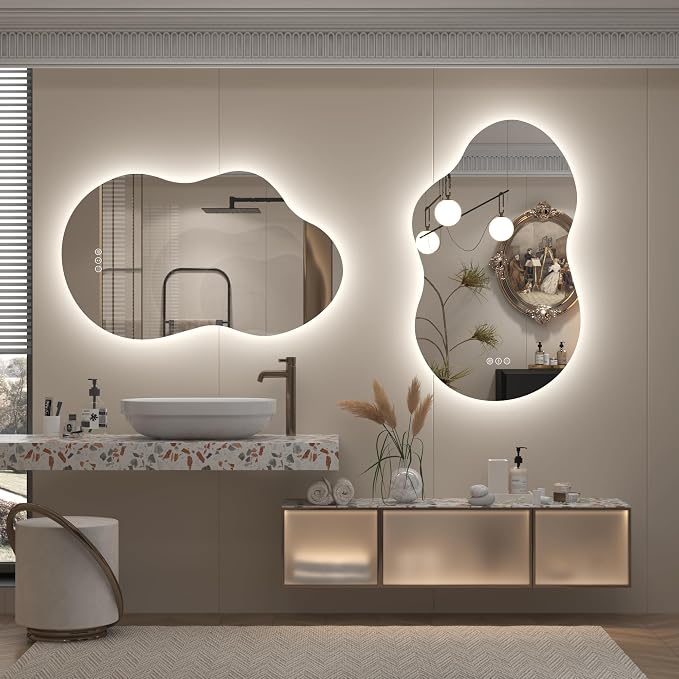 20x36 Inch Asymmetrical Backlit Bathroom Mirror with Lights, Irregular Cloud Led Lighted Vanity Mirror, Fogless, Dimmable, Memory, 3 Colors, Shatterproof (Horizontal/Vertical)