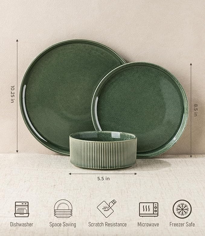 GBHOME 12-Piece Stoneware Dinnerware Set for 4 – Ribbed Ceramic Plates and Bowls, Scratch-Resistant, Microwave & Dishwasher Safe, Reactive Glaze, Dark Green