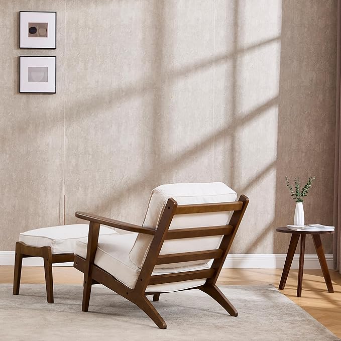 Living Room Accent Chairs Mid Century Modern Reading Arm Chair with Ottoman, Fabric Bedroom Chair with Soild Wood Frame, Elegant Upholstered Side Chair, Beige-Fabric