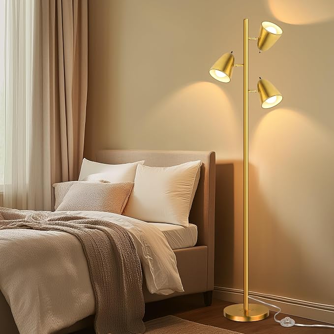 QiMH Tree Floor Lamp with 3 Light Bulbs, Standing Tall Pole Lamps for Living Room Bedroom Office, Reading Stand up Lamps with 3 Adjustable Arms, Brushed Gold