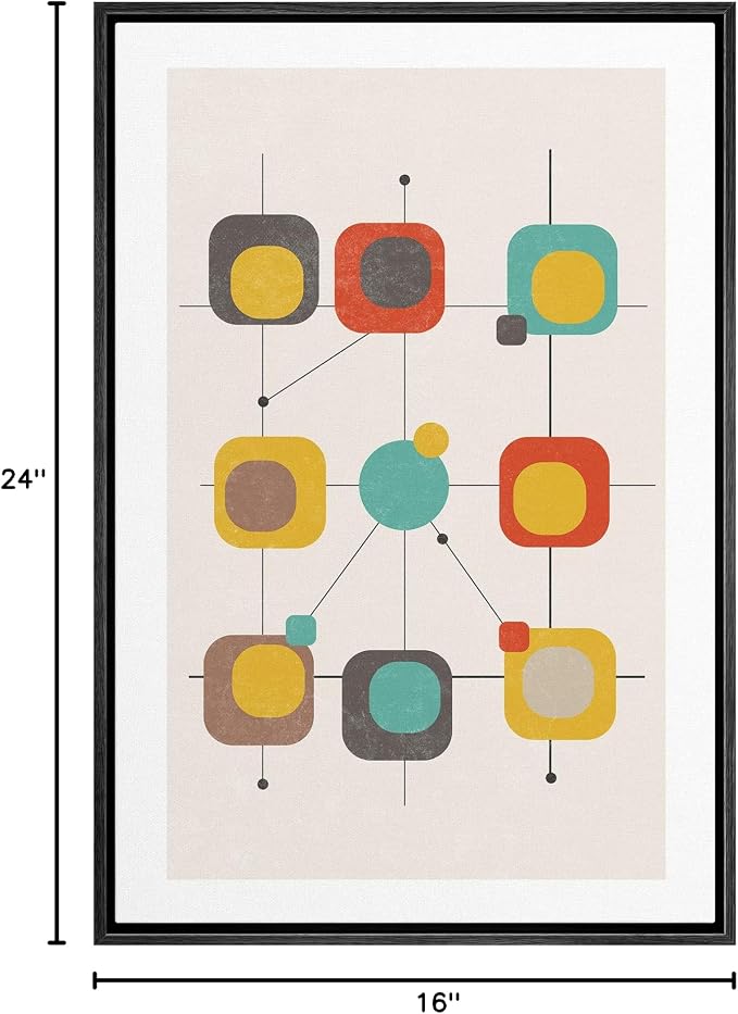 Woodrose Framed Canvas Print Wall Art Geometric Retro Color Block Variety Abstract Shapes Illustrations Modern Minimalist Chic Relax/Calm Multicolor for Living Room, Bedroom, Office - 16"x24" Black