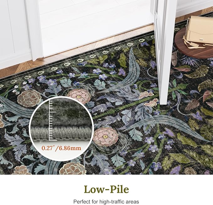 AMTOVO 2.7x8 Runner Rug for Hallway, Washable Non-Slip Long Kitchen Carpet, Floral Vintage Distressed Floor Mat for Hallways Entryway Living Room Laundry Room Bathroom Farmhouse, Black