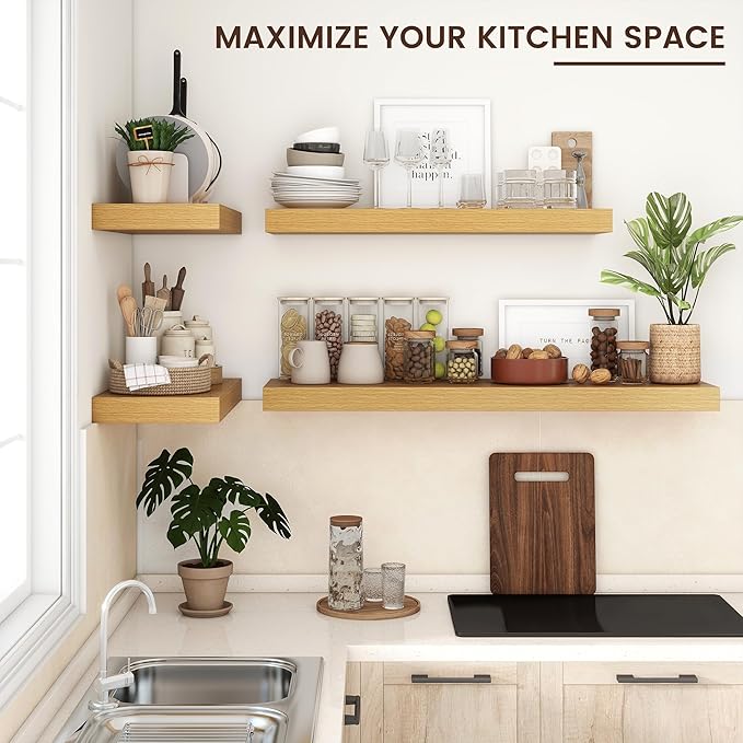 Floating Shelves for Wall, 48" W x 12" D x 2" H, 2 Pack of Long Wall Mounted Engineered Wood Shelves with Invisible Brackets for Living Room, Bedroom, Bathroom, Kitchen Decor, Oak