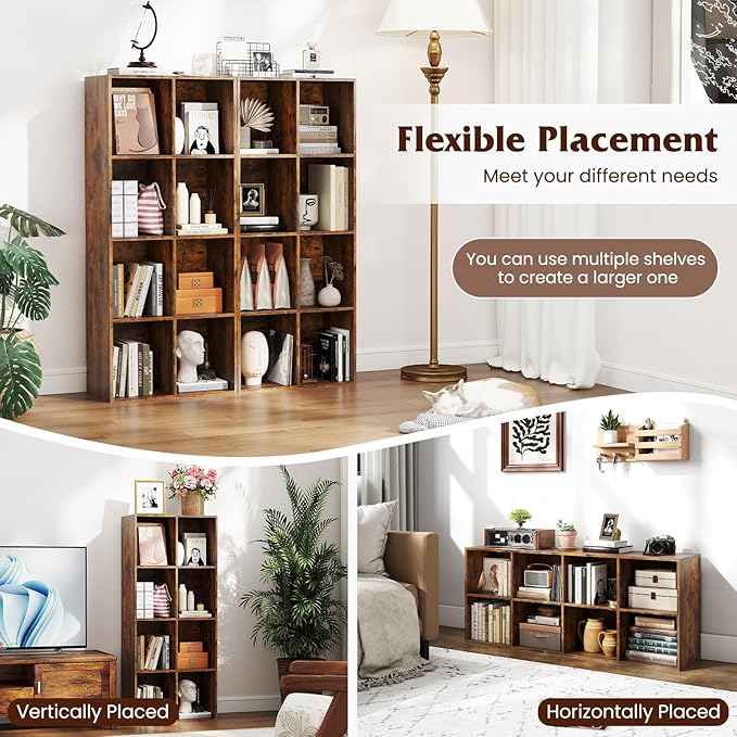 Tangkula 8-Cube Bookcase, Large Floor Standing Horizontal Bookshelf with 8 Open Shelves & 2 Anti-Tipping Kits, Home Office Wooden Storage Book Shelf for Living Room, Study (Rustic Brown, 8-Cube)