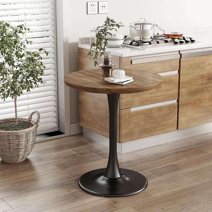 Round Dining Table 24" Circle Tulip Table with Wood Thickened Tabletop & Sturdy Metal Pedestal Mid Century Modern Farmhouse Kitchen Tables 2 People Small Places Living Room Cafe,Somber Walnut