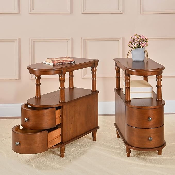 Biaco Solid Wood End Table with 2 Drawers - Caramel Brown Retro Narrow Side Table with Storage Shelf, No Assembly Required Slim Nightstand for Small Spaces/Apartment (23.4"Lx11.4"Wx25.3"H), BG-A508-MG