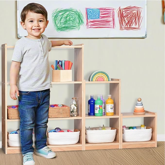 Modular 3-Piece Cube Storage Cabinet, L-Shaped Reversible Ladder Corner Bookshelf with 6+ Cubes, 4-Tier Wooden Freestanding Organizer for Kids Room & Home Office, Natural