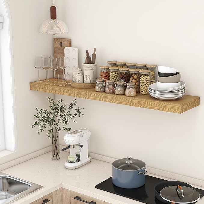 12 Inch Deep Floating Shelves | 55 Inch Oak Floating Shelves | 55" W x 12" D Rustic Wood Shelves for Wall | Deep Oak Shelves for Living Room Bathroom Laundry Room Kitchen