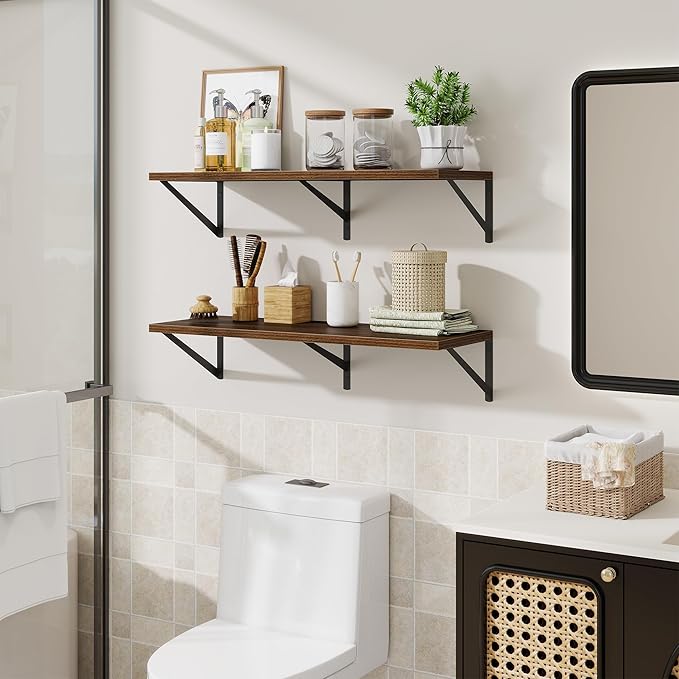 Floating Shelf for Wall,32" WX10 D Wood Floating Shelves with Sturdy Metal Bracket Set of 2,Wall Mounted Hanging Shelf for Bathroom,Bedroom,Kitchen,Walnut