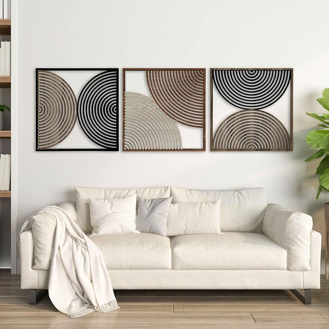 Boho Mid Century Wood Wall Art Set of 3, Abstract Geometric Wooden Wall Decor, Modern Decorative Panels, Large Home Accents Gift for Living Room and Bedroom