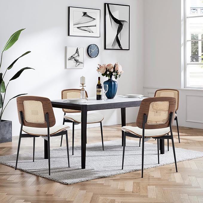 LUNLING Dining Chairs Set of 2 Mid Century Modern Retro Faux Leather Kitchen Chairs with Walnut Bentwood Upholstered Seat Metal Legs Adjustable Foot for Kitchen Dining Room Chairs(White-Rattan Back)