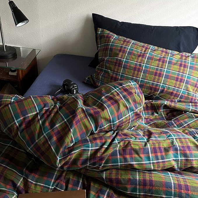 mixinni Buffalo Plaid Duvet Cover Set Full Size - 100% Washed Cotton 3-Piece Bedding Set for Teen Boys Girls, Retro Grid Design, Soft Breathable Comforter Cover for Dorm Room-Full Size