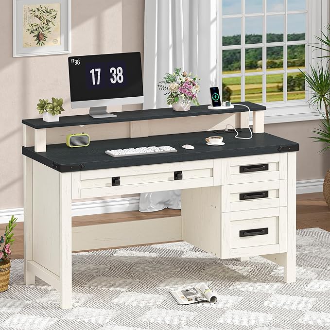 YOMILUVE Farmhouse Computer Desk with Drawers, 47" Small Computer Desk with Power Outlets, Home Office Desk with Monitor Stand & 4 Drawers, Writing Study Table, Black & White
