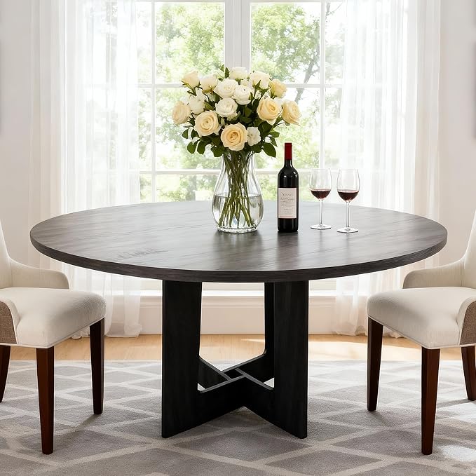Round Dining Table for 4, 43.3" Kitchen Table for Dining Room, Circle Farmhouse Kitchen Table, Wood Dinner Table for Kitchen, Living Room, Apartment, Grey-Black