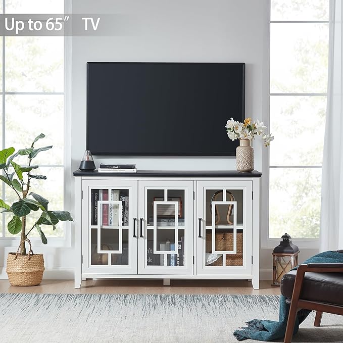 Large Sideboard Buffet Cabinet with Storage, 55" Farmhouse White Kitchen Coffee Wine Bar Cabinet with 3 Glass Doors, Wood Mid Century Modern Side Board Table for Dining Room, Living Room