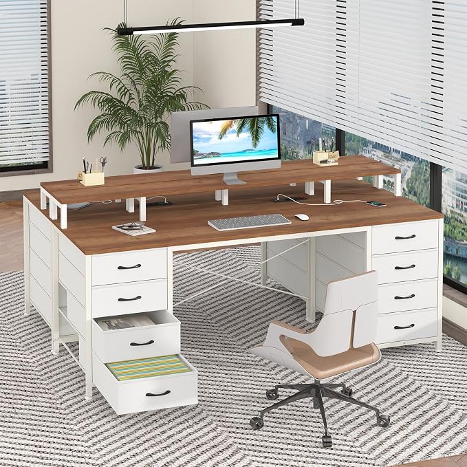 YOMILUVE 60 Inch Computer Desk with 8 Fabric Drawers, Gaming Desk with LED Lights & Power Outlets, Home Office Desk with Monitor Stand, Brown and White