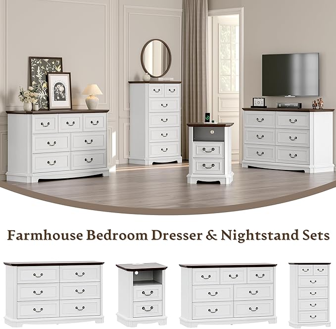 Farmhouse Dresser for Bedroom with 6 Drawer, 48" Wide Rustic Chest of Drawers with Metal Handle, Wood Vintage Dresser TV Stand, Wooden Closet Storage Dressers Organizer for Living Room, Hallway, White