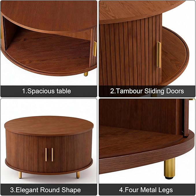 DHH Round Coffee Table, 31.5" Mid Century Modern Coffee Table with 360° Sliding Tambour Door, Fluted Accent Coffee Table with Storage Adjustable Footpads for Living Room (Walnut)