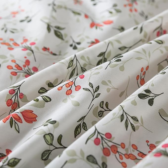HoneiLife Duvet Dover King Size - 100% Cotton Comforter Cover Floral Duvet Cover Sets, Breathable Duvet Cover with Zipper Closure & Corner Ties, 3-PC Wildflower Comforter Cover Sets, Red Bean