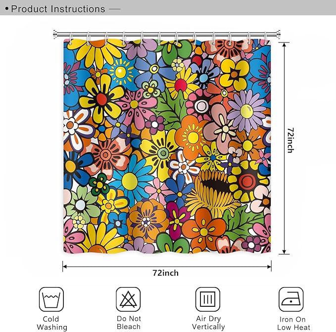 Bohemia Colorful Flowers Bathroom Shower Curtain Funky Retro Hippie 60s 70s Aesthetic Washable Polyester Durable Fabric Home Shower Curtain with Hooks, 72x72 Inch