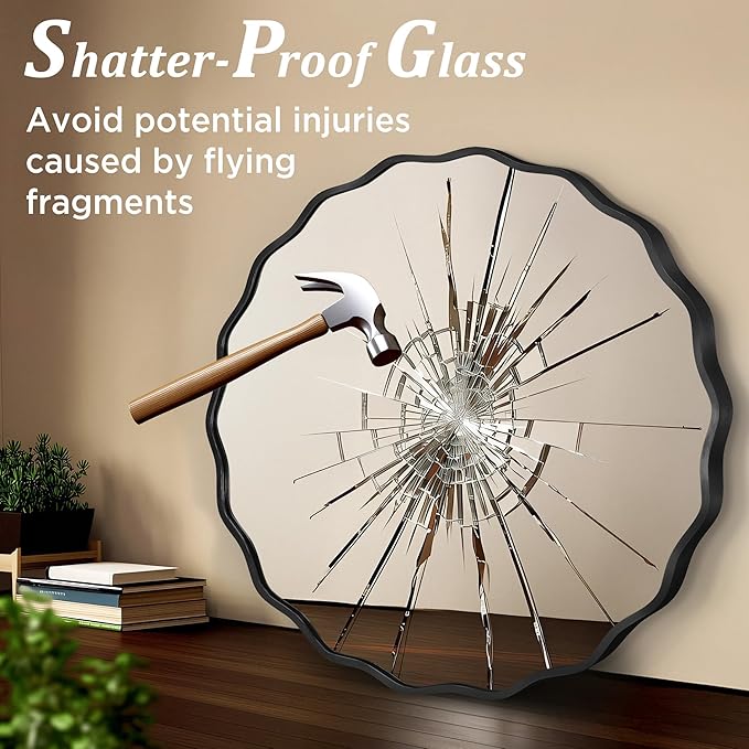 Black Round Mirror for Wall, 32"x32" Decorative Wavy Bathroom Mirror with Brushed Alloy Steel Frame & Shatter-Proof Glass, Hanging Circle Wall Mirrors for Bathroom, Entryway, Bedroom