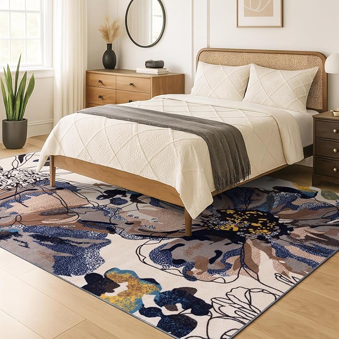 Rugshop Cream Bright Flowers Non Slip Non-Shedding Area Rug for Living Room, Dining Room and Bedroom, 6'6" x 9'