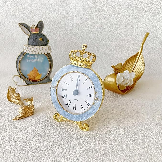 Vintage Mini Analog Table Clock, Silent Crown Table Clock with Hand-Painted Metal Body and Battery Operated Non-Ticking Core for Shelf, Living Room, Bedroom, Bedside, Desk