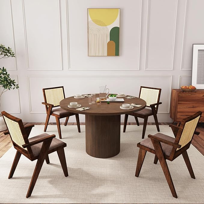 47 Inch Round Dining Table, Farmhouse Fluted Dining Kitchen Table, Modern Wood Small Circle Dining Table for Kitchen Living Room, Walnut
