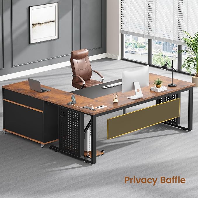 SEDETA 71" Executive Desk with Rolling File Cabinet, Large Office Desk with Drawers, L Shaped Computer Desk with Power Outlets, CPU Stand, Pegboard and Storage Shelves, Rustic Brown