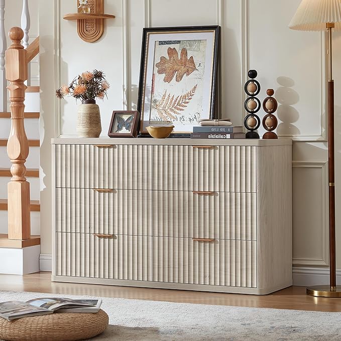 LEYAOYAO Fluted 6 Drawers Dresser Set of 2, 48" Wide Modern Chest of Drawers with Metal Handle, Light Grey Curved Profile Dresser TV Stand, Wooden Drawer Organizer for Bedroom, Living Room, Hallway