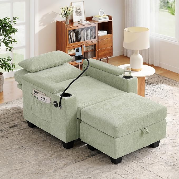 Small Chaise Lounge Chair Indoor with Ottoman&Adjustable Backrest,Chenille Tufted Recliner Comfy Sofa Chair with USB,Phone Holder&Storage Arms,Convertible Sleeper Couch Bed for Living Room(37"W,Cyan)