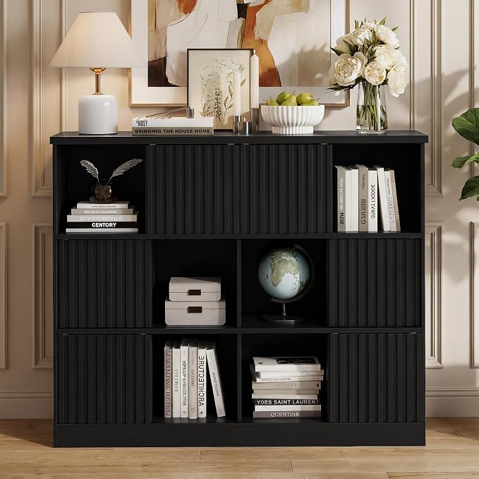 Einhomn 12 Cube Storage Organizer with Sliding Doors, Modern Fluted Bookshelf with Storage Cabinet, Wooden Bookcase with 6 Open Shelves for Living Room, Home Office, Bedroom, Black