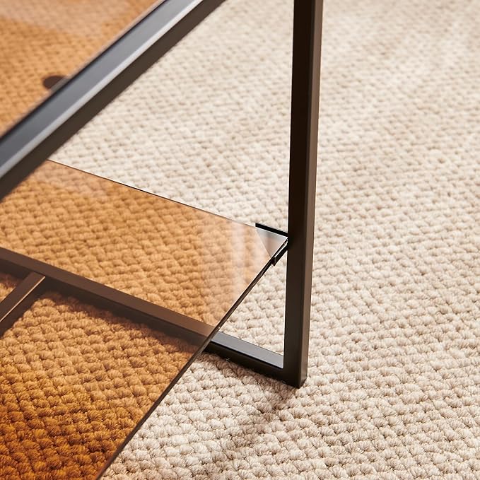 Shrine Brown Glass Coffee Table, Modern Design, Dual-Layer Coffee Table for Living Room, Black-Plated Metal Frame, Brown Glass Top