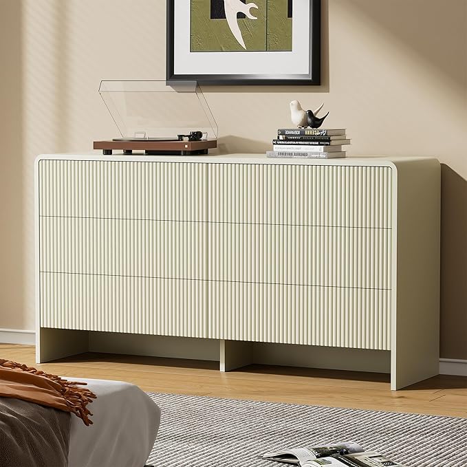 Beige 6 Drawer Dresser, 55" Wide Wood Chest of Drawers with Curved Design, Modern Fluted Dresser with Push-to-Open Storage for Bedroom