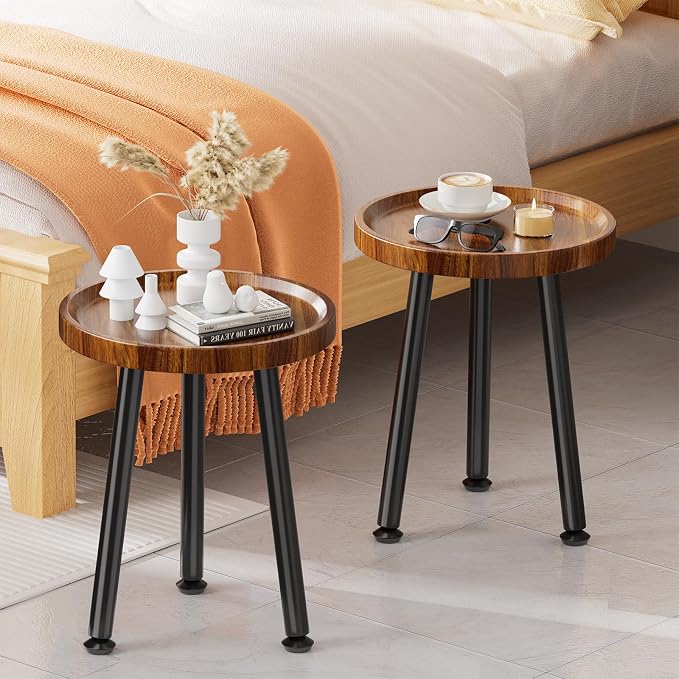 Ekisemio Plant Stand Outdoor Indoor, Mid Century Wood Side Table with Walnut Finish & Raised Edge, Modern Small End Table for Living Room (12.5"x18")