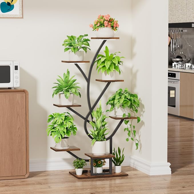 EVAWOO Plant Stand Indoor with Grow Lights - 8 Tiered Corner Plant Shelf Indoor, 50" Tall Lighted Plant Stand for Indoor Multiple Plants, Flower Stands Display Rack Holder for House, Patio, Black