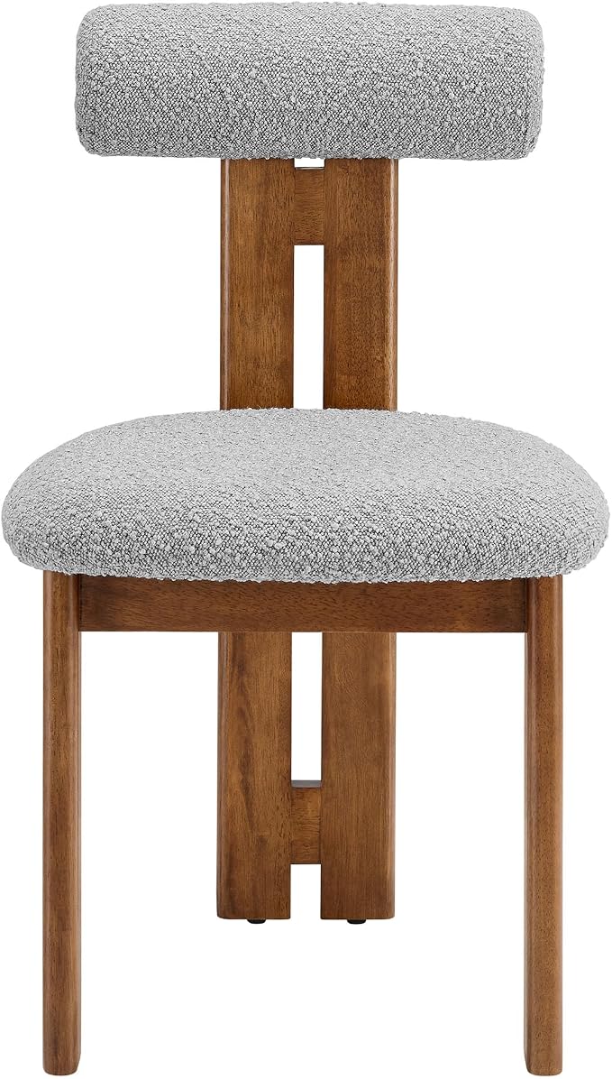 Modway Torian Upholstered Boucle Dining Chairs Set of 2 in Walnut Light Gray - 3-Legged Farmhouse Kitchen Chairs - Mid-Century Modern Armless Accent Chairs - Comfortable Side Chairs with Wood Legs