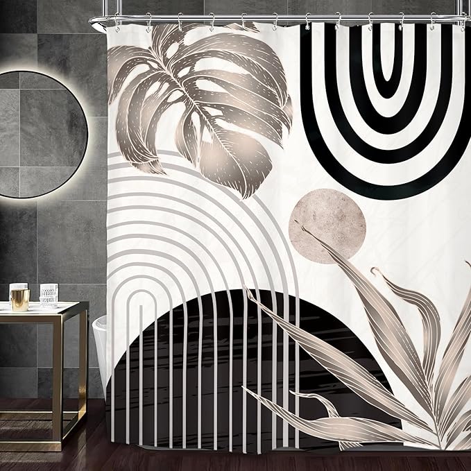 Miyotaa Abstract Black Tan Shower Curtain Set 60Wx71H Inches Modern Plant Geometric Minimalist Aesthetic Mid Century Leaves Contemporary Neutral Waterproof Bathroom Curtain with 12 Hooks