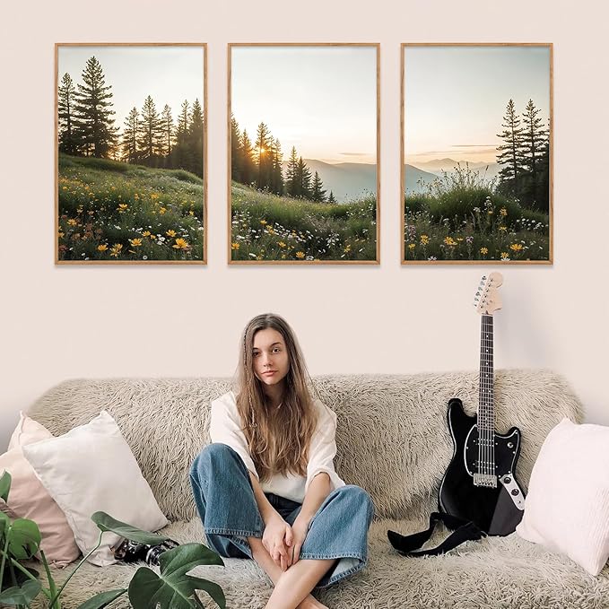 FWIEXA Green Forest Mountain Framed Canvas Wall Art Set, Wildflower Meadow Wall Decor, Floral Pictures Artwork, Nature Sunset Landscape Art Prints for Living Room, Bedroom, Office - Size 24"x36"x3