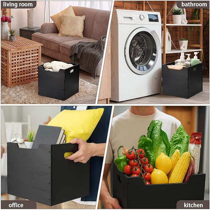 Colingmill 2 Pack Wooden Storage Box Bins Wood Crate with Open Front Stackable Cube Storage Organizer Bins for Books Records Home Pantry Clothes Toy Closet (11 Inch,Black)