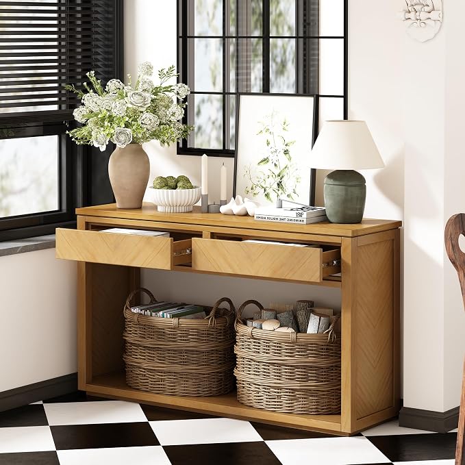 Wood Console Table, 55" Retro Narrow Long Sofa Table Behind Couch with Storage Drawers and Open Shelf for Hallway Entryway Living Room Entrance, Natural