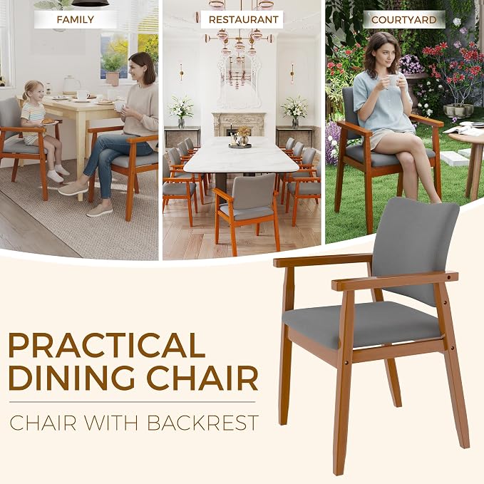 Mid Century Modern Walnut Dining Chairs Wood Arm Grey Fabric Kitchen Cafe Living Room Decor Furniture