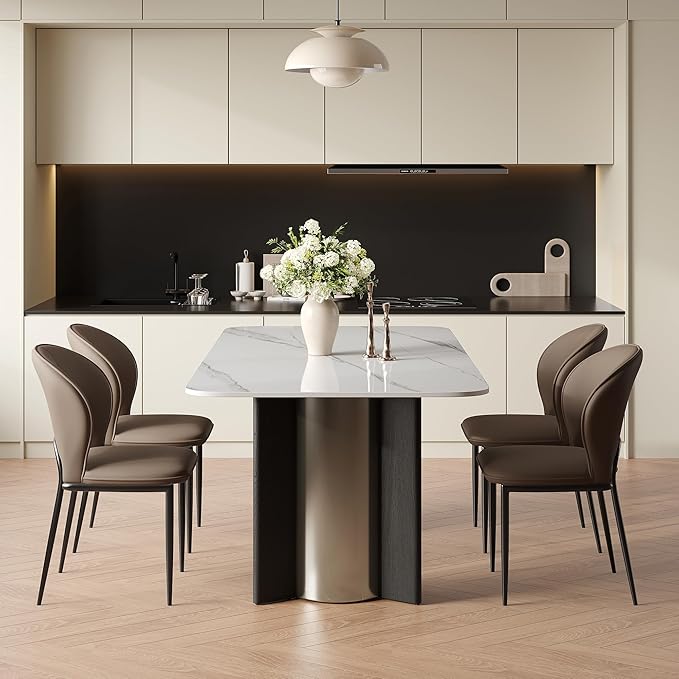 Modern Sintered Stone White Dining Table for 4-6 with Stainless Steel & Wood Legs, 63 Inch Glossy Kitchen Table, Easy Assembly Rectangular Dining Room Table (Table Only)