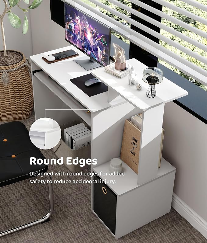 White Computer Desk with Drawers, Small Writing Desk with Storage Shelves for Home Office Bedroom Study Living Room
