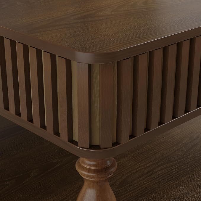 31.5 Inch Square Lift Top Coffee Table with Hidden Storage, 2 Tier Wooden Square Fluted Coffee Table with Open Shelf & Sculpted Legs, Retro Center Table for Living Room, Apartment, Home Office, Walnut